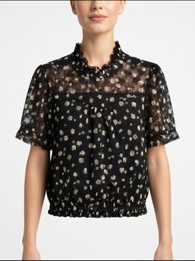 Black Daisy-Print Sheer Ruffle-Trim Blouse Size M